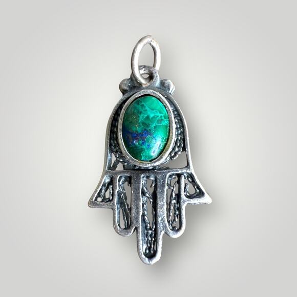 Vintage Sterling Silver 925 Hamsa Hand Pendant with Azurmalachite Stone - Picture 1 of 4